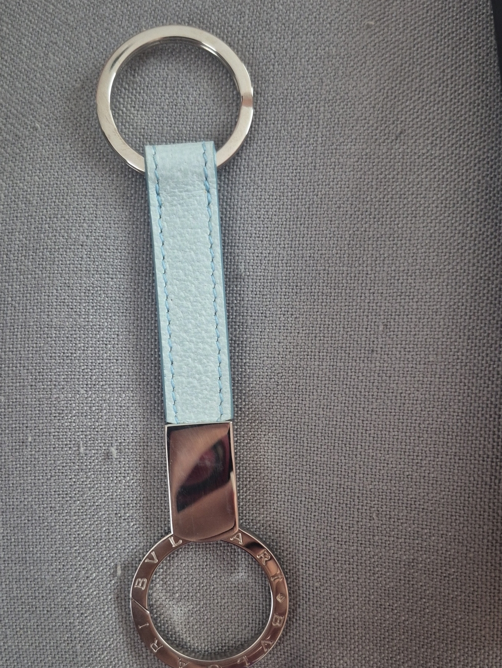 Bulgari Light Blue Leather Ring Key Holder with Silver Hardware